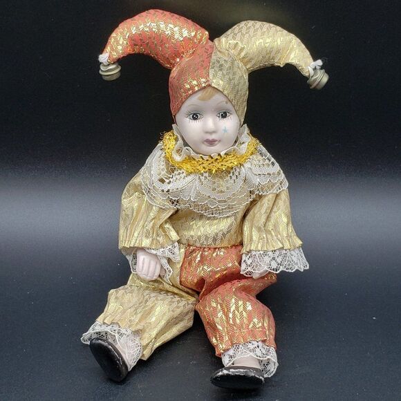 Vintage Bendable Porcelain Gold Red Lace Bells Harlequin Jester Clown Figurine - Picture 1 of 8